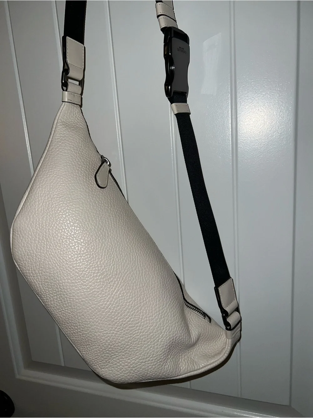 Coach Cream Pebbled Leather Crossbody Belt Bag with Black Strap